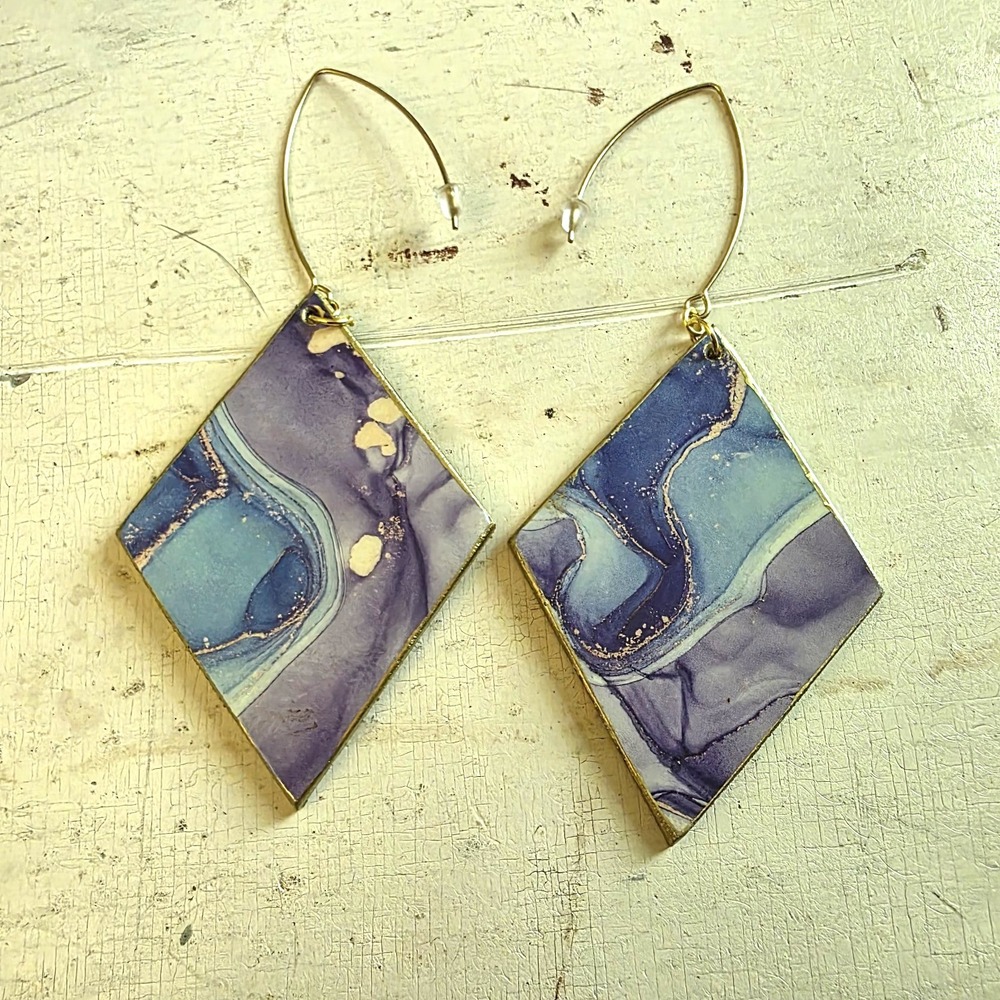 Handmade Abstract Wood Statement Earrings OOAK Blurple Gold‎ Metallic Dangles - Picture 5 of 7